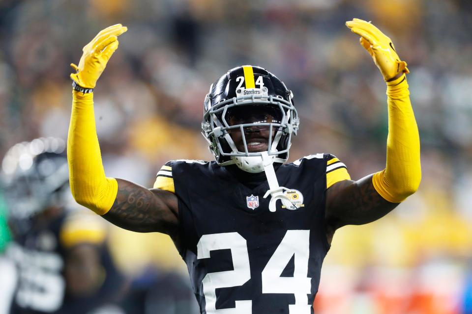 Oct 20, 2024; Pittsburgh, Pennsylvania, USA; Pittsburgh Steelers cornerback Joey Porter Jr. (24) gestures against the New York Jets during the second quarter at Acrisure Stadium. Mandatory Credit: Charles LeClaire-Imagn Images