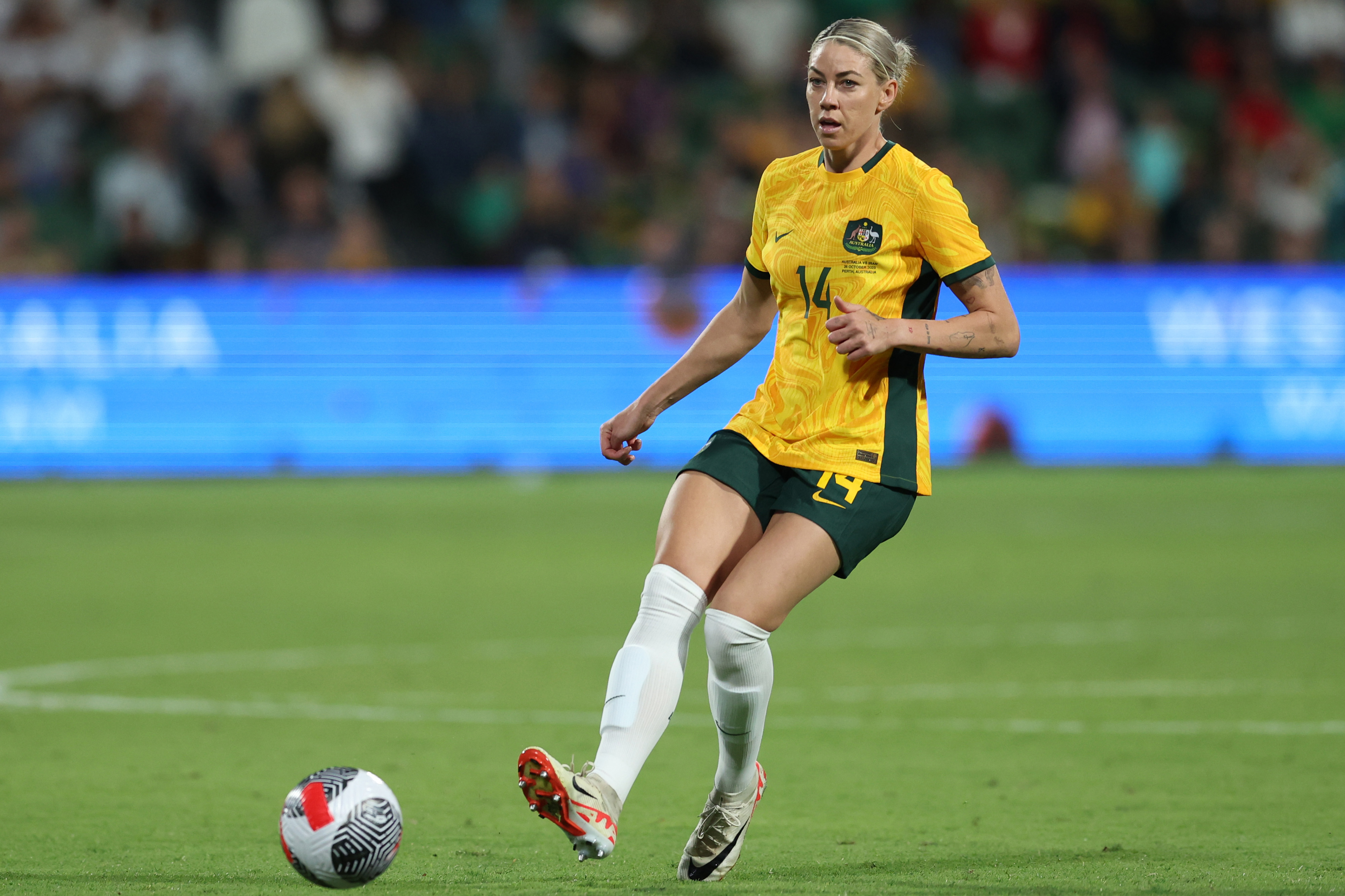 Alanna Kennedy of the Matildas passes the ball during the AFC Women's Asian Olympic Qualifier match between Australia Matildas and IR Iran at HBF Park on October 26, 2023 in Perth, Australia. (Photo by Will Russell/Getty Images)