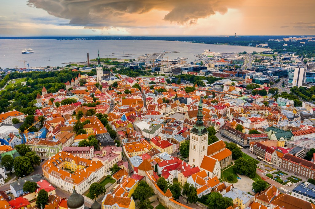 An aerial drone shot of Tallinn, Estonia.