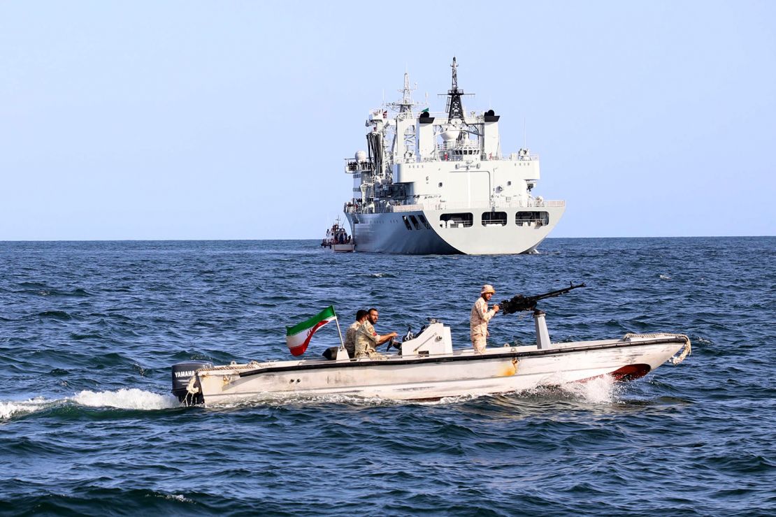 An Iranian military boat patrols ahead of the start of a joint naval drill of Iran, Russia and China in the Indian Ocean in May.