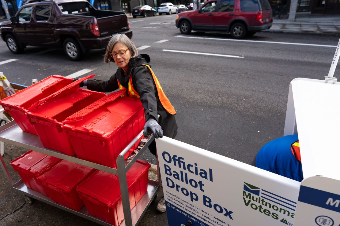 Election workers collect ballots from a newly placed ballot drop box outside the Multnomah County Elections Division office on Monday in Portland, Oregon.