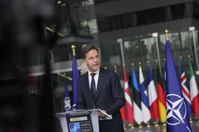 NATO Secretary General Mark Rutte delivers a statement, after a meeting with a high level South Korean delegation including top intelligence and military officials as well as senior diplomats briefed NATO diplomats, at NATO headquarters in Brussels on Monday, Oct. 28, 2024.