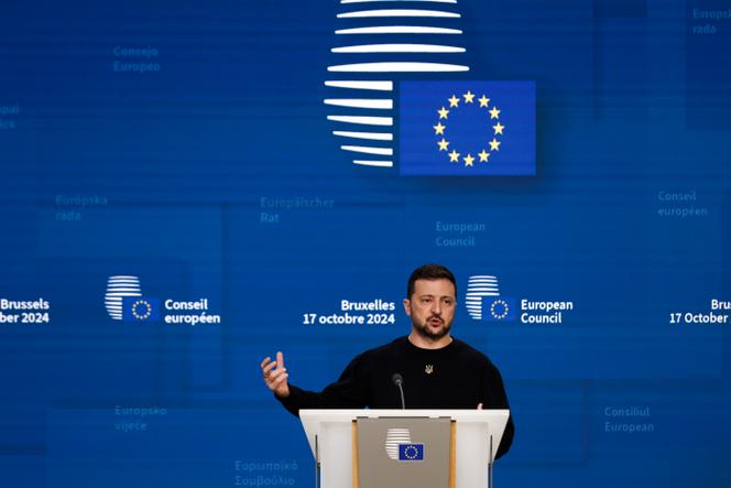 Ukraine's President Volodymyr Zelenskyy talks to journalists during a press conference at an EU summit in Brussels, Thursday, October 17, 2024. 