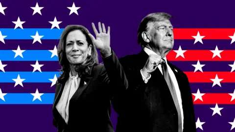 BBC A digitally created collage featuring Kamala Harris and Donald Trump. Kamala Harris is on the left, wearing a suit with a white blouse and waving her hand. Donald Trump is on the right, wearing a suit with a white shirt and a tie, and he is making a fist gesture. 