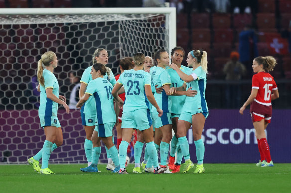 The Matildas celebrate Caitlin Foord’s penalty.