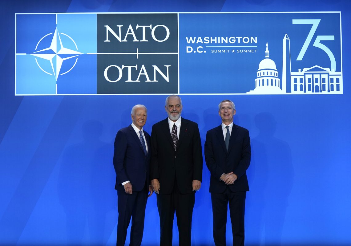 U.S. President Joe Biden (left), Albanian Prime Minister Edi Rama and then NATO Secretary General Jens Stoltenberg at the NATO summit in July, 2024.