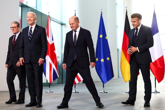 German Chancellor Olaf Scholz, US President Joe Biden, British Prime Minister Keir Starmer and French President Emmanuel Macron in Berlin on October 18, 2024.