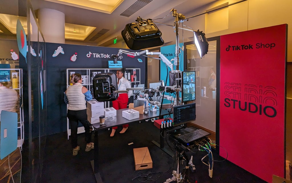 TikTok Shop and an online influencer prepare for a live-streaming session of selling goods during the Consumer Electronics Show (CES) at the Aria Resort & Casino in Las Vegas on January 10, 2024. Photo: Matt Haldane