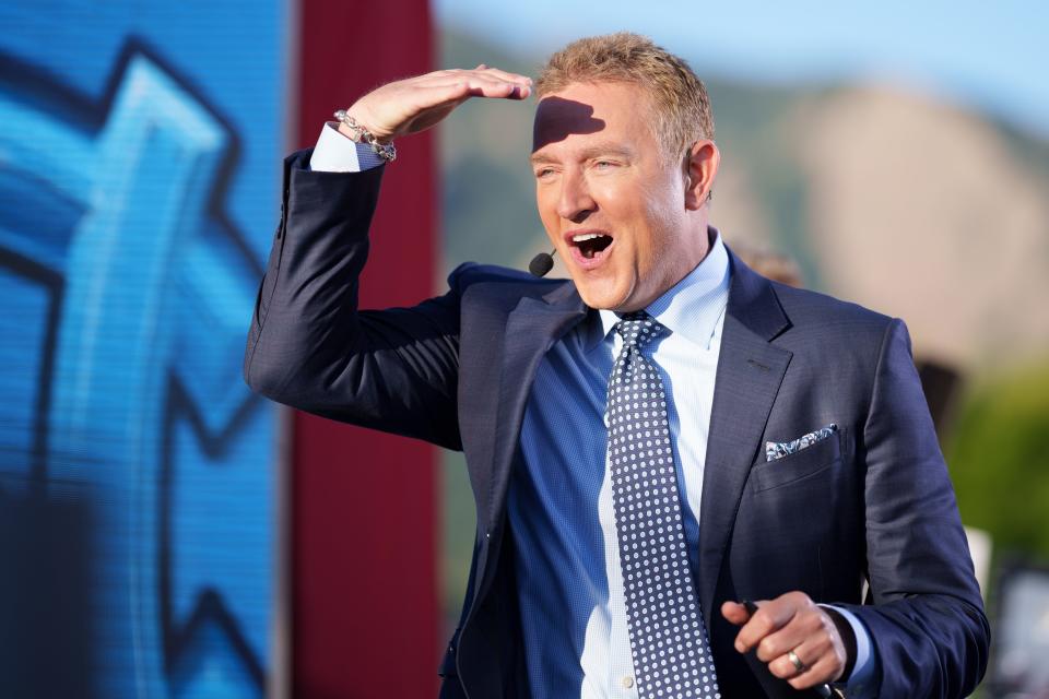 Sep 16, 2023; Boulder, Colorado, USA; GameDay analyst Kirk Herbstreit on the set of ESPN College GameDay prior to the game between the Colorado Buffaloes and the Colorado State Rams at Folsom Field. Mandatory Credit: Andrew Wevers-USA TODAY Sports