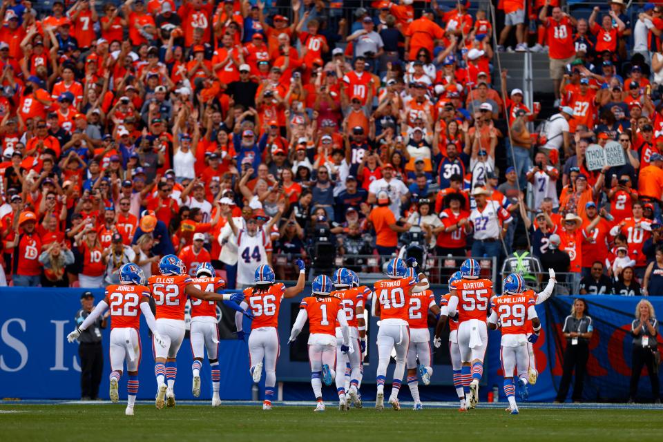 DENVER, COLORADO - OCTOBER 06: The Denver Broncos celebrate an interception by Pat Surtain II #2 against the Las Vegas Raiders during the fourth quarter at Empower Field At Mile High on October 06, 2024 in Denver, Colorado. (Photo by Justin Edmonds/Getty Images)