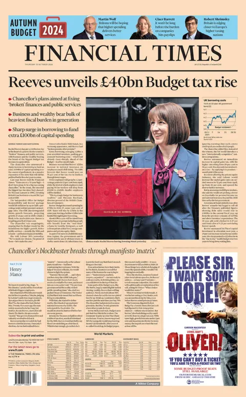 The headline in the Financial Times reads: "Reeves unveils £40bn Budget tax rise". 