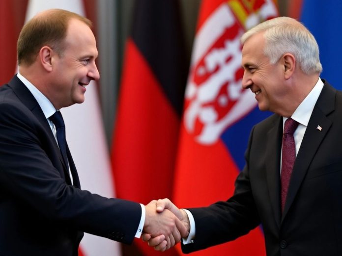 Polish and Serbian flags with officials shaking hands.