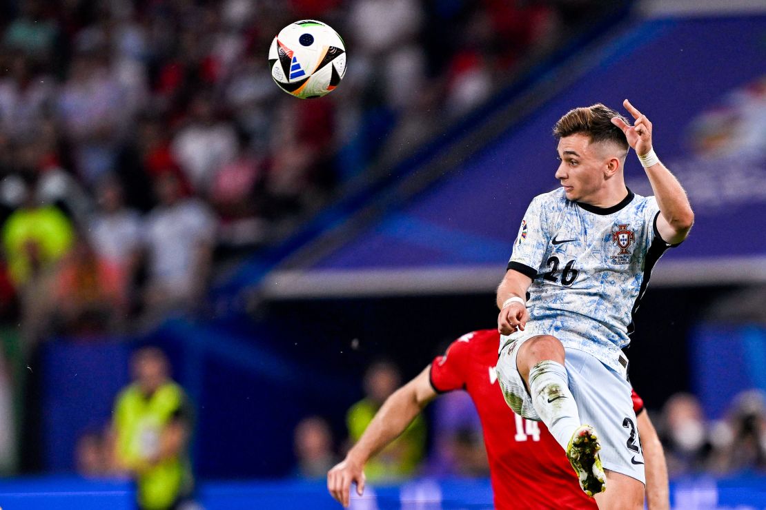 GELSENKIRCHEN, GERMANY - JUNE 26: Francisco Conceicao of Portugal heads the ball during the Group F - UEFA EURO 2024 match between Georgia and Portugal at Arena AufSchalke on June 26, 2024 in Gelsenkirchen, Germany. (Photo by Pablo Morano/BSR Agency/Getty Images)