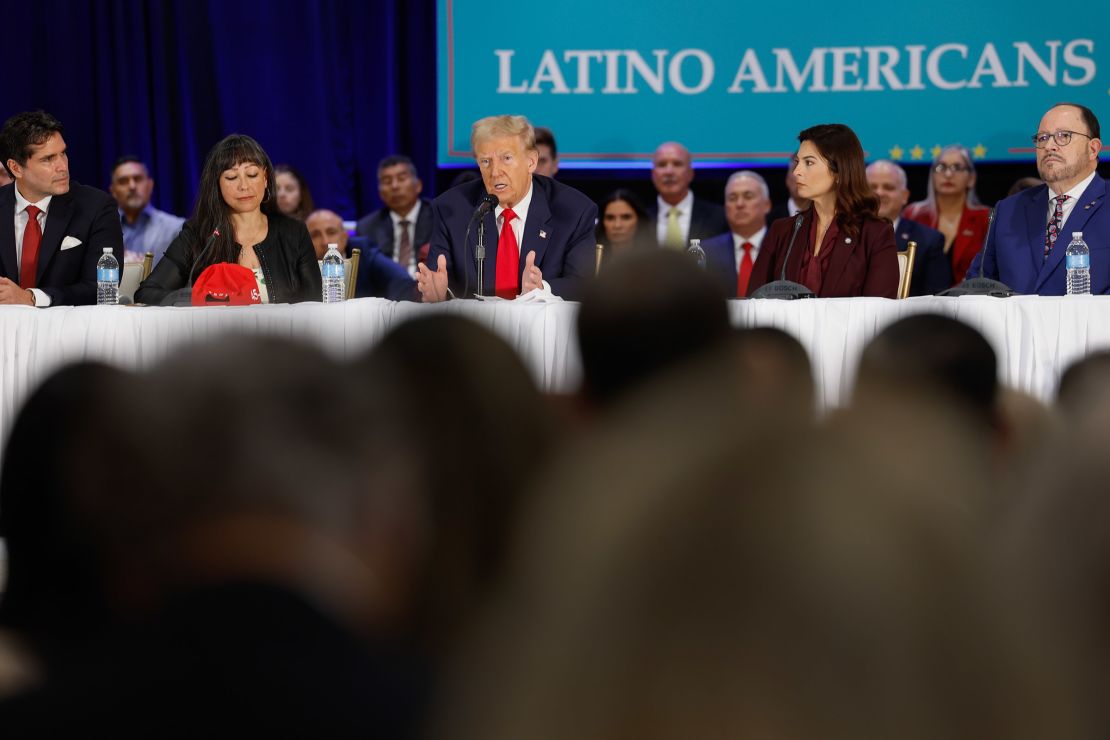 Former President Donald Trump participates in a roundtable discussion at the Latino Summit held at Trump National Doral Golf Club on October 22, 2024.