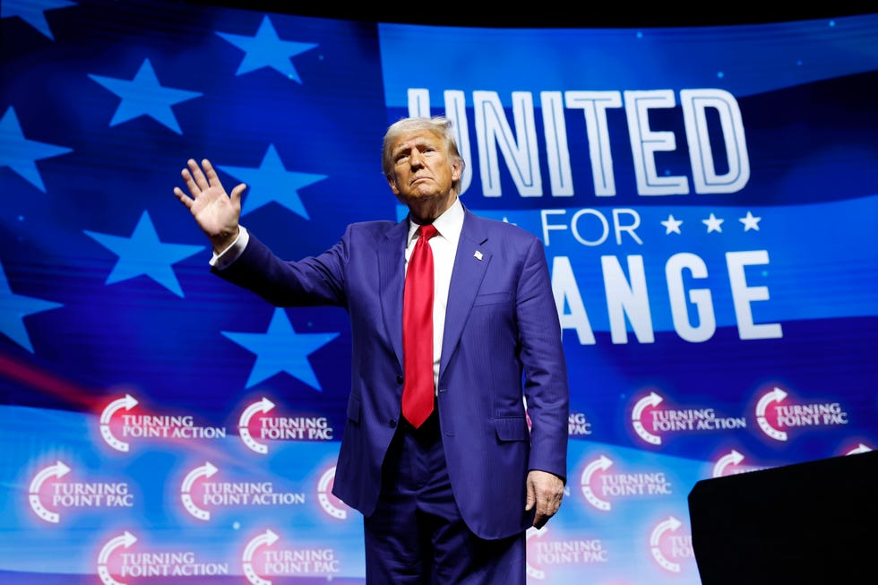 las vegas, nevada october 24 republican presidential nominee, former us president donald trump departs after speaking at a turning point action campaign rally at the thomas mack center on october 24, 2024 in las vegas, nevada with 12 days until election day, trump is spending the next couple days on the west coast to appeal to voters photo by anna moneymakergetty images