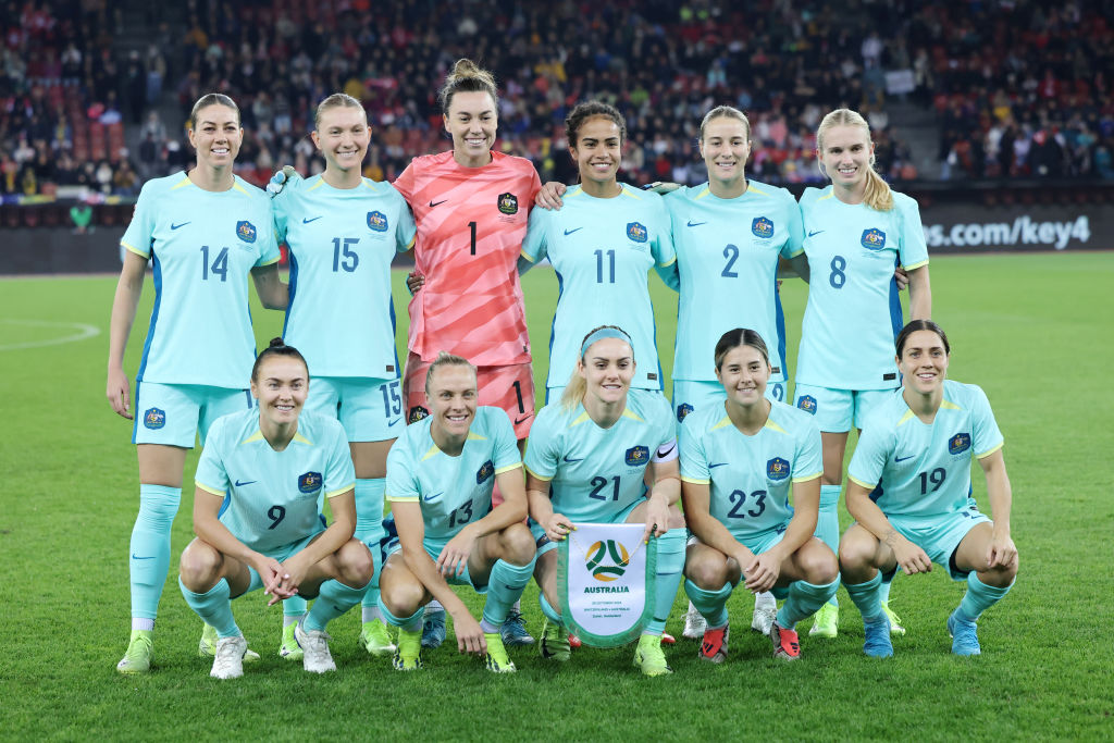 ZURICH, SWITZERLAND - OCTOBER 25: Players of Australia pose for a team photo on the pitch prior to the Women's international friendly match between Switzerland and Australia at Stadion Letzigrund on October 25, 2024 in Zurich, Switzerland. (Photo by Arnd Wiegmann/Getty Images for Football Australia)