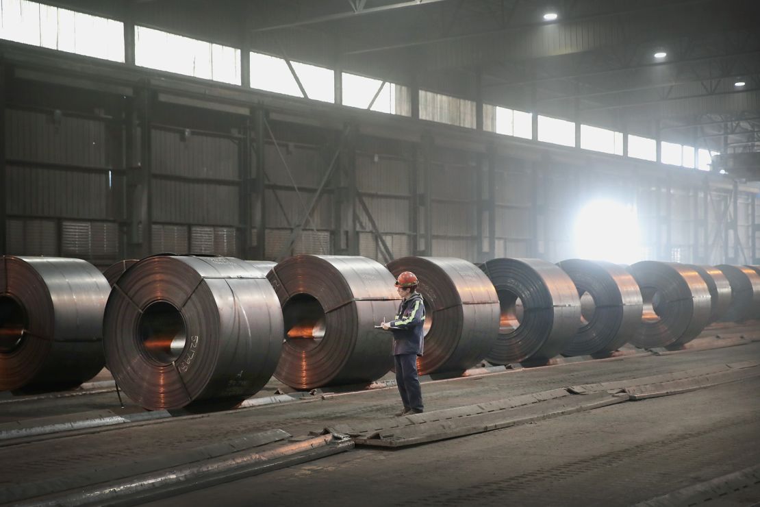 Steel coils produced at the NLMK Indiana steel mill are prepared for shipping in March 2018 in Portage, Indiana.