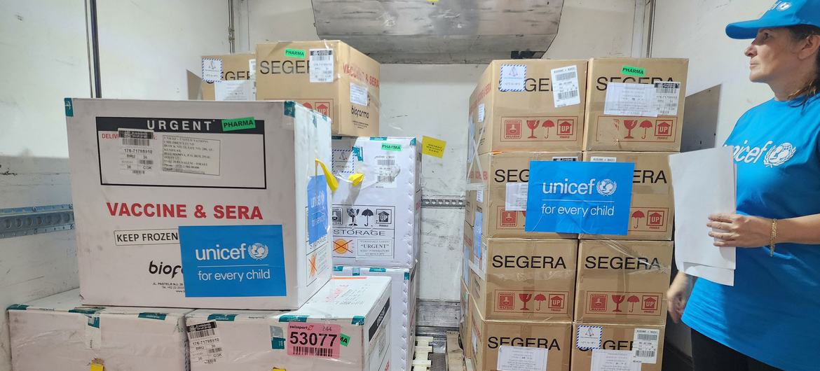 A shipment of vaccine doses for Gaza, where UN agencies and partners aim to inoculate more than 640,000 children against polio, which had been eradicated 25 years ago, but reappeared during the war.