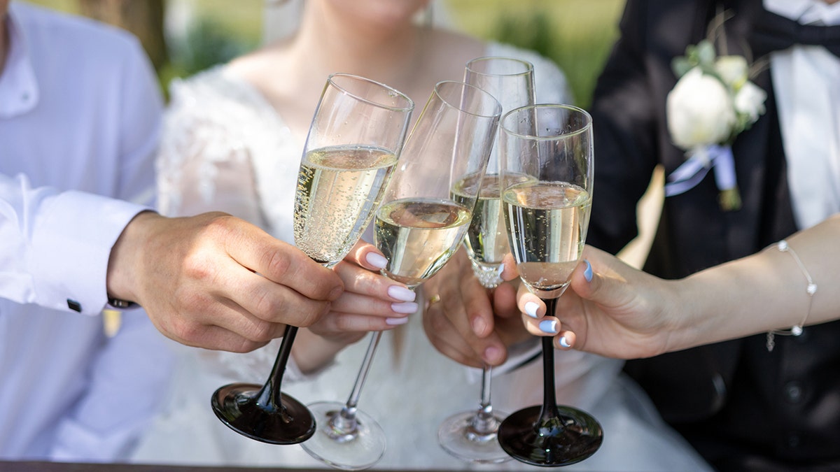 The newlyweds and their friends toast with champagne.