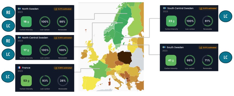 Map of carbon-intensity and renewable share of electricity in 2023 in Europe