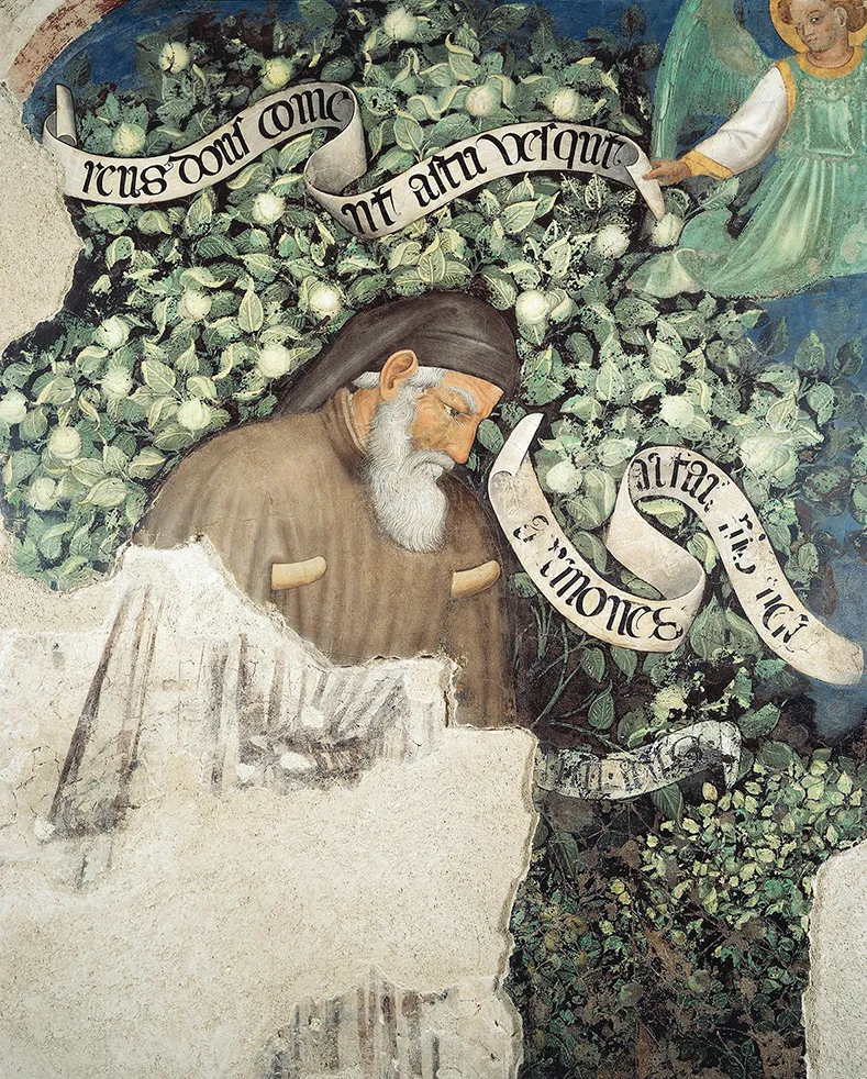 The Old Man figure from the splendid Seven Ages of Man fresco (1412) at the Palazzo Trinci, with the peaches that symbolize his advanced years.