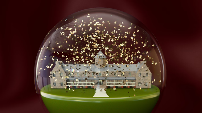 A rotating snow globe encasing a school building.