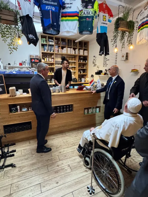 Pope Francis visits Cafe Cycliste, stopping for a coffee with some of his assistants, at a surprise stop during his trip to Luxembourg on Sept. 26, 2024. Credit: Holy See Press Office