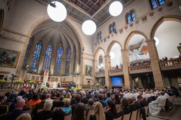 Pope Francis meets with Catholic faithful at the Luxembourg cathedral on Sept. 26, 2024. According to the Archdiocese of Luxembourg, within eight hours after registration opened, more than 10,000 people had applied for one of 650 available spots for the meeting with Pope Francis in the Luxembourg cathedral. Credit: Daniel Ibañez/CNA