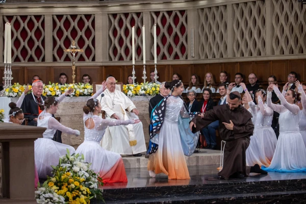 Pope Francis watches a performance of an original theatrical dance reenacting important moments from the life of St. Francis of Assisi at the Luxembourg cathedral on Sept. 26, 2024. Credit: Daniel Ibañez/CNA