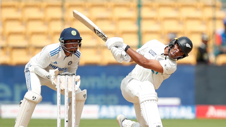 Rachin Ravindra plays a shot against India in the first Test.