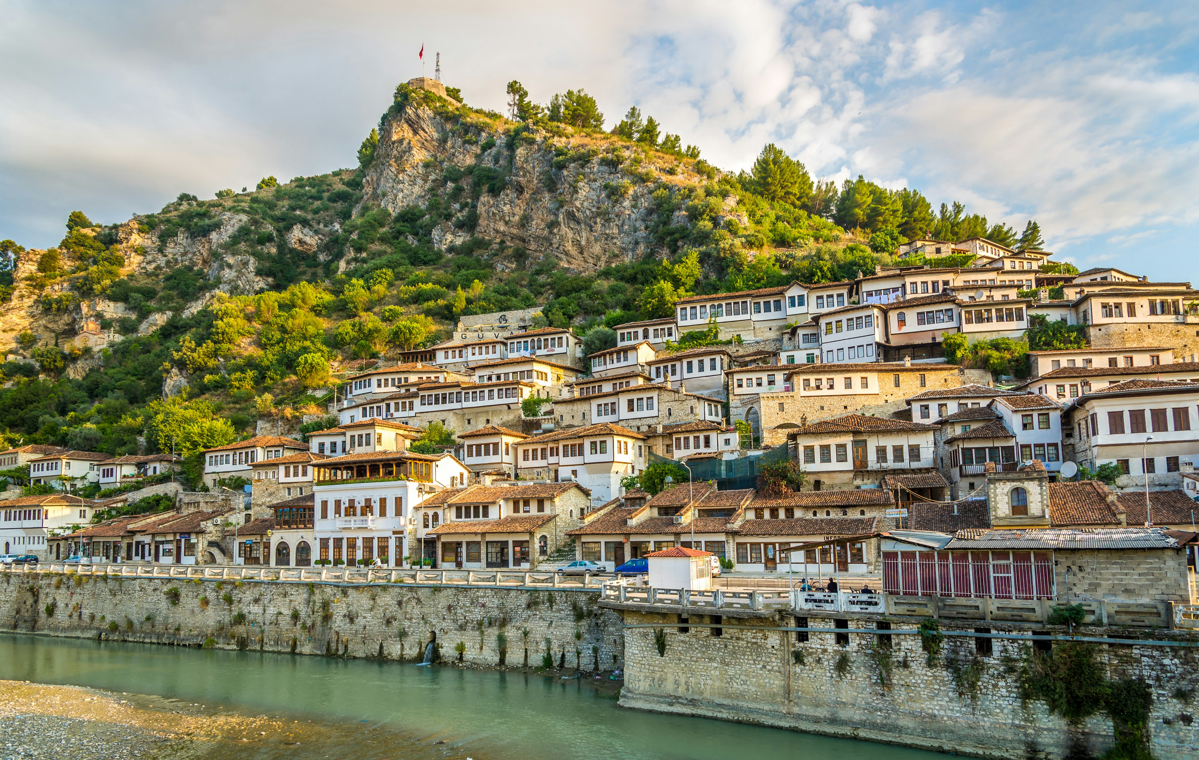 A series of houses built into a hillside in a city by a river