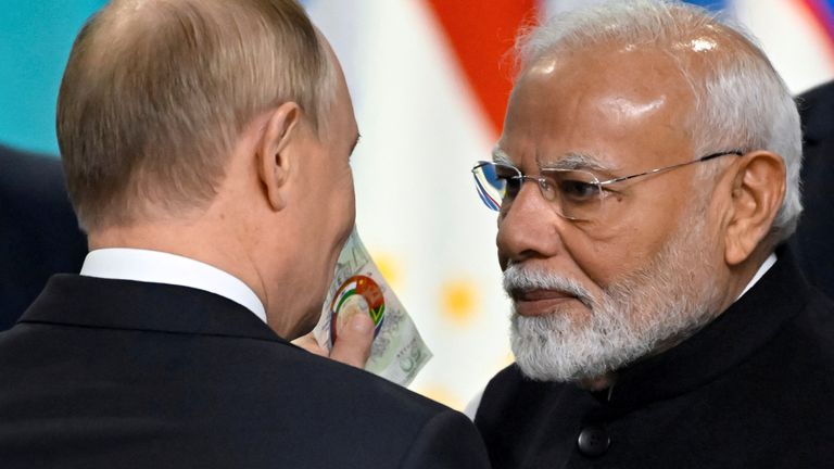 Vladimir Putin and  Narendra Modi hug during the extended format meeting of the BRICS summit in Kazan, Russia.
Pic: Reuters